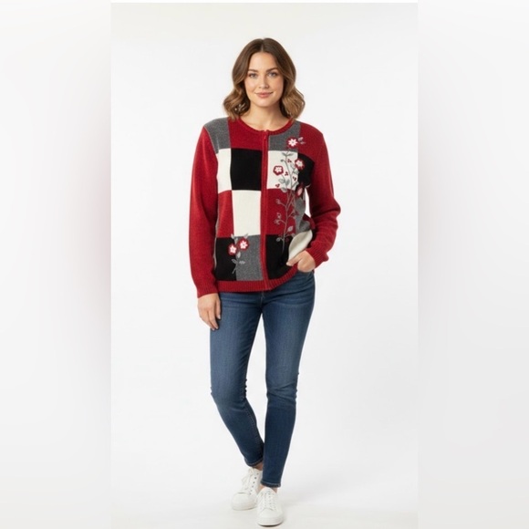 Alfred Dunner Sweaters - Alfred Dunner Red and Gray Floral Knit Cardigan